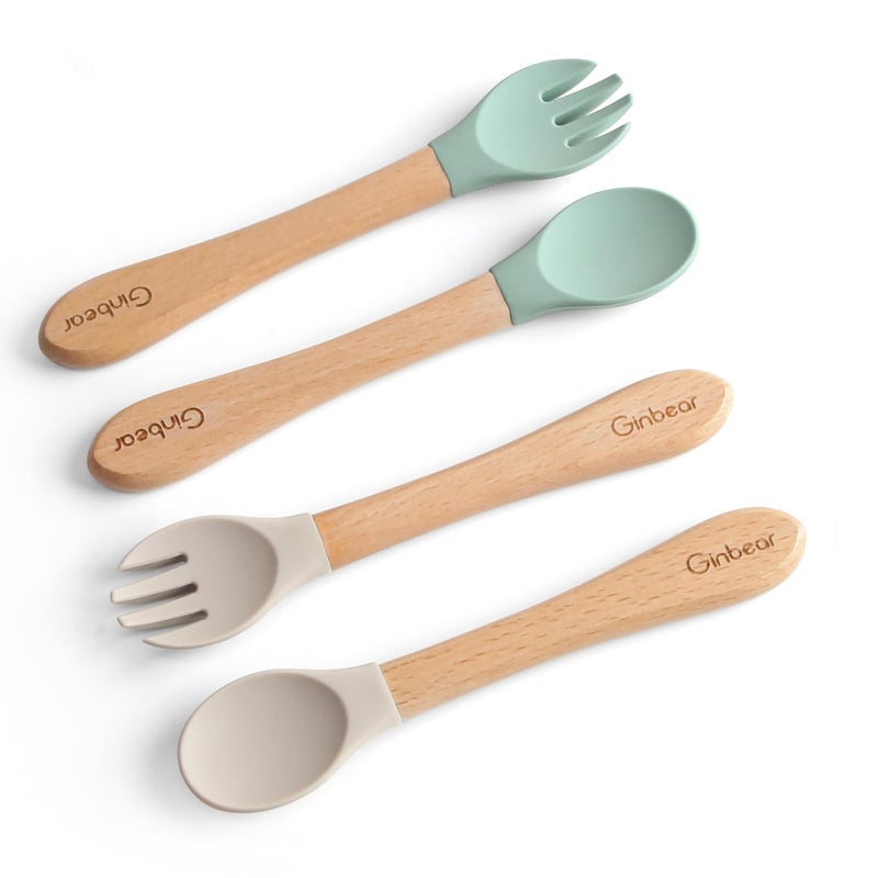 Ginbear Silicone Baby Spoons and Forks Self-feeding 12-18 Months, Soft-Tip Baby Flatware Sets, Toddler Feeding Utensils for Child, 4 Piece Set (Hazy Green/Almond) - Image 1